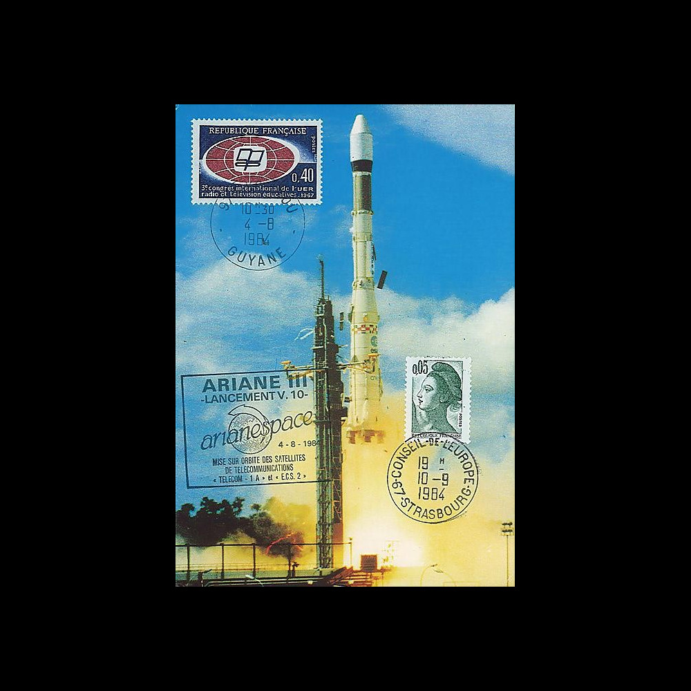 AR 20LC : 1984 - Carte maxi Kourou 'Ariane L10 - sat. ECS-2 et Telecom 1A' AR 20LC : 1984 - Carte maxi Kourou 'Ariane L10 - sat. ECS-2 et Telecom 1A'