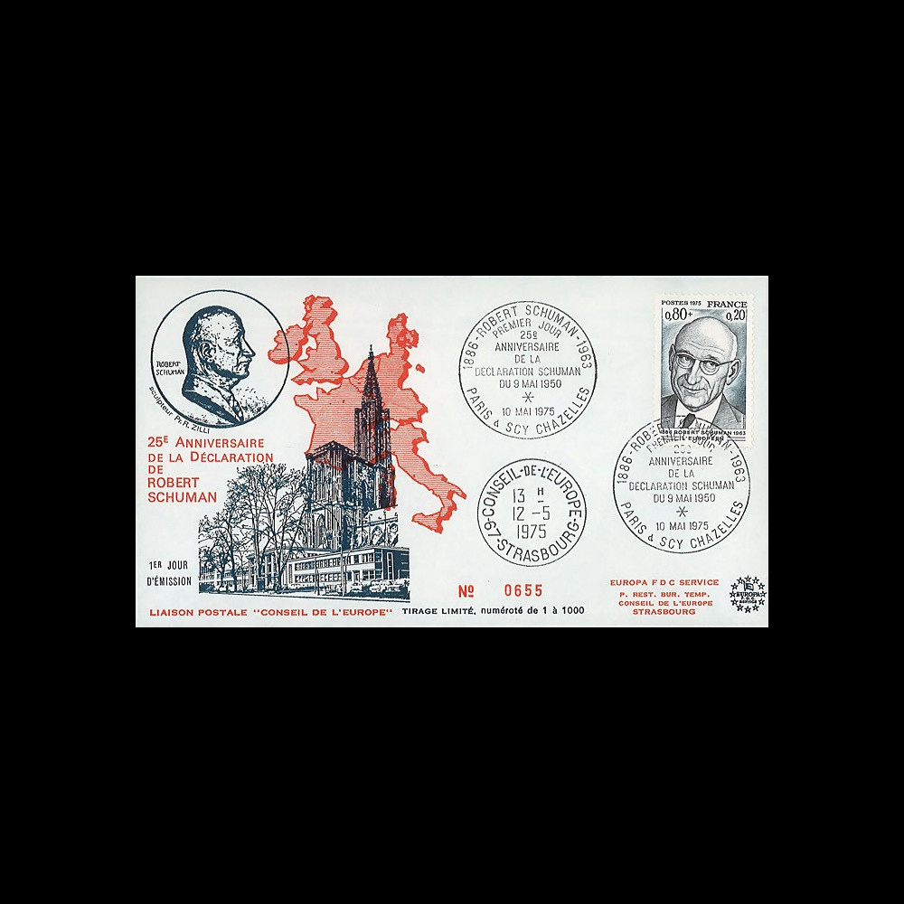 FE29C : 1975 - FDC Conseil de l'Europe 1er Jour TP 'Schuman FE29C : 1975 - FDC Conseil de l'Europe 1er Jour TP 'Schuman