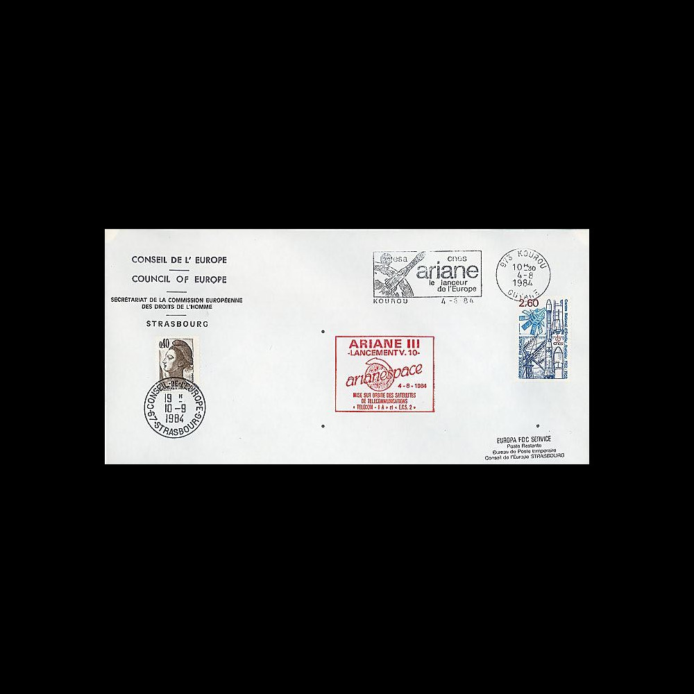AR 20LA : 1984 - Env. entête Conseil de l'Europe - Kourou 'Ariane L10'