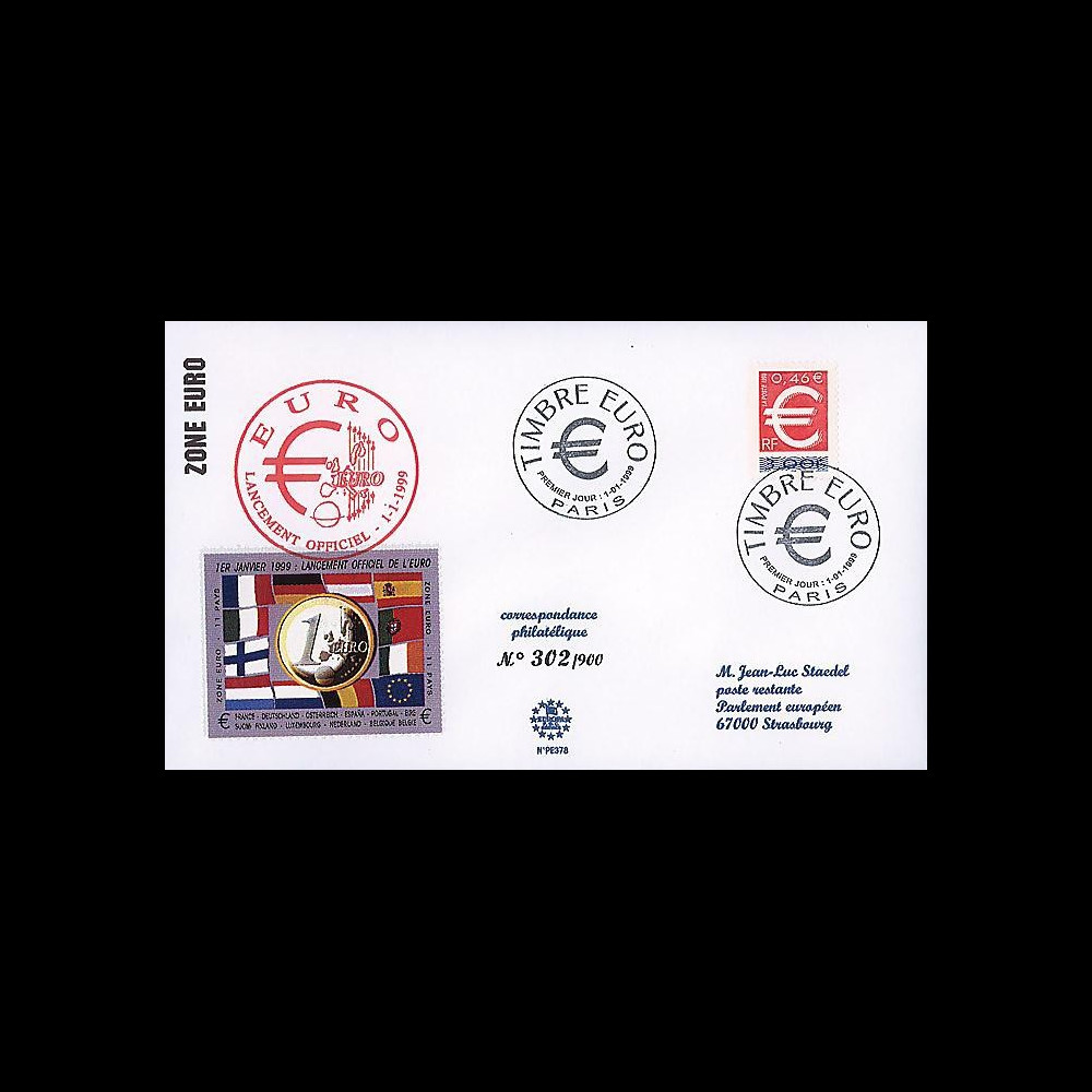 PE378 : 1999 - FDC France '1er Jour TP EURO gommé'