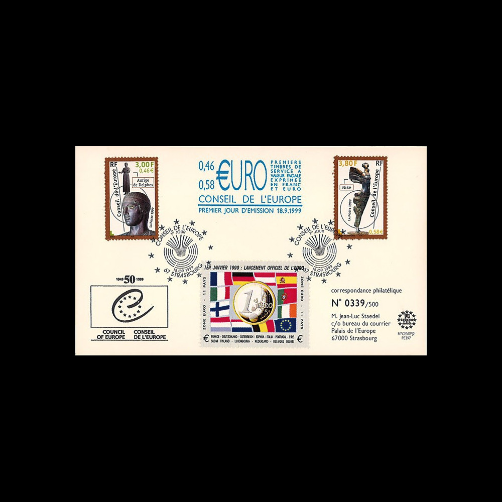 CE50PJ2 (PE397) : 1999 - FDC Conseil de l'Europe "1er Jour des 1ers timbres de service en Euro"