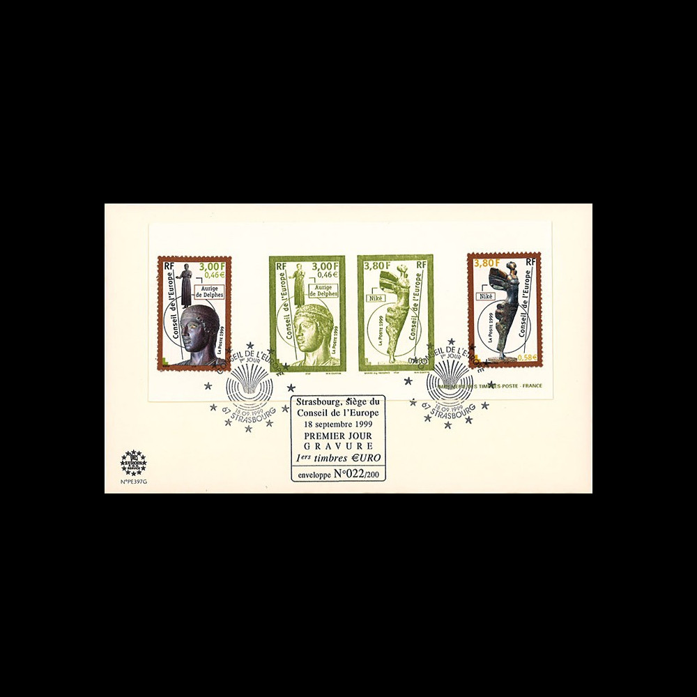 CE50-PJG (PE397-G) : 1999 - FDC Conseil de l'Europe "1er Jour 1ers timbres en Euro" sur gravure