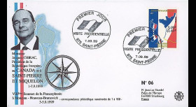 SP99-CH1 : 1999 - FDC 1er Jour SPM 'Visite Chirac & 1er TP à dble faciale'