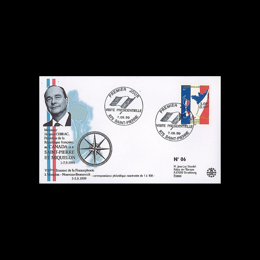 SP99-CH1 : 1999 - FDC 1er Jour SPM 'Visite Chirac & 1er TP à dble faciale'