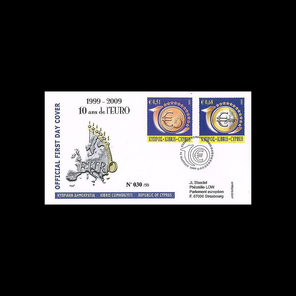 PE570-CHY : 2009 - FDC Chypre '1er Jour TP 10 ans de l'Euro'