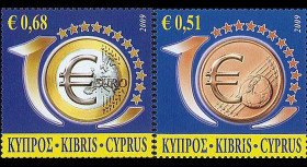 PE570-CHY-N : 2009 - 2 valeurs TP Chypre '10 ans de l'Euro'