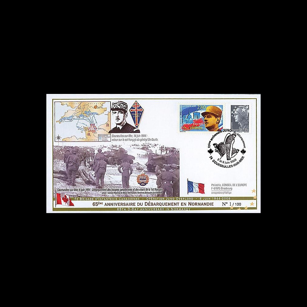 DEB09-8 : 2009 - FDC '65 ans D-Day - Juno Beach - retour du gal de Gaulle'