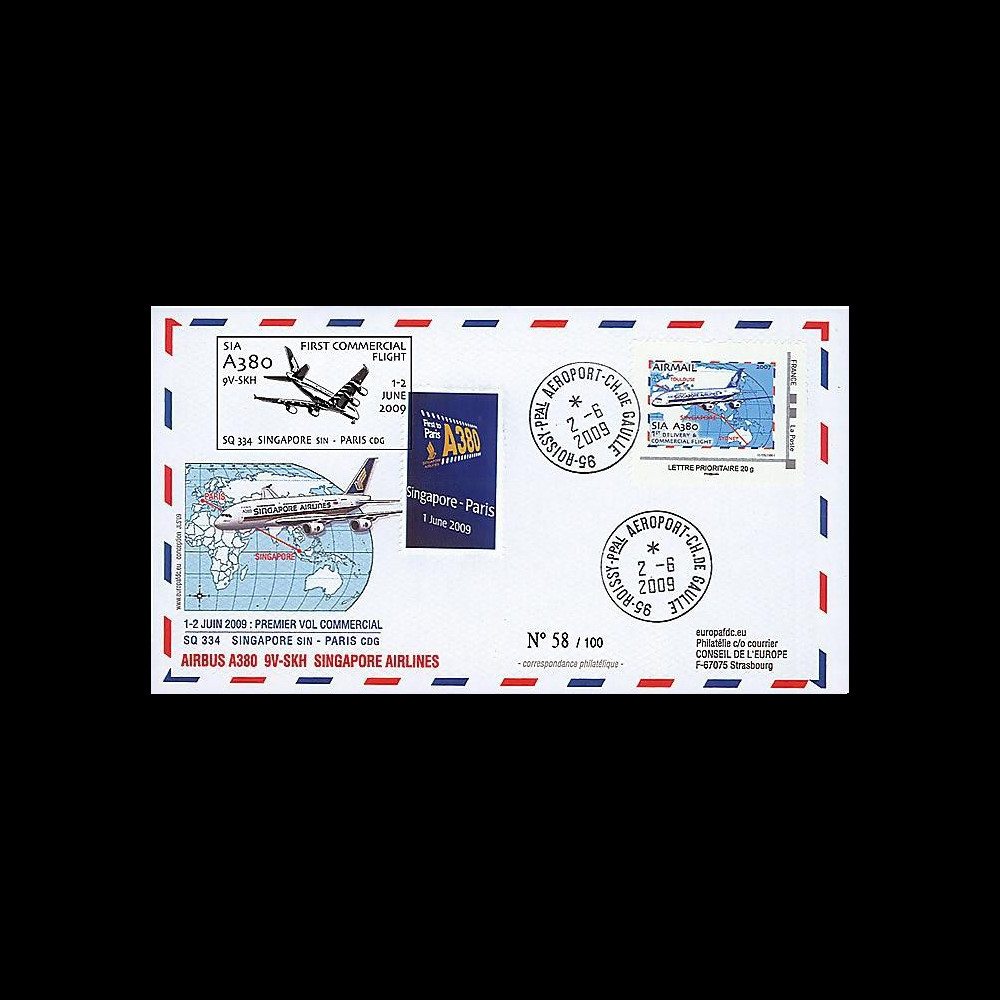 A380-79 : 2009 - FDC 'A380 1er vol commercial Singapore-Paris' Prio 20g