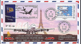 A380-80 : 2009 - FDC 'A380 1er vol commercial Paris-Singapore' Monde 20g