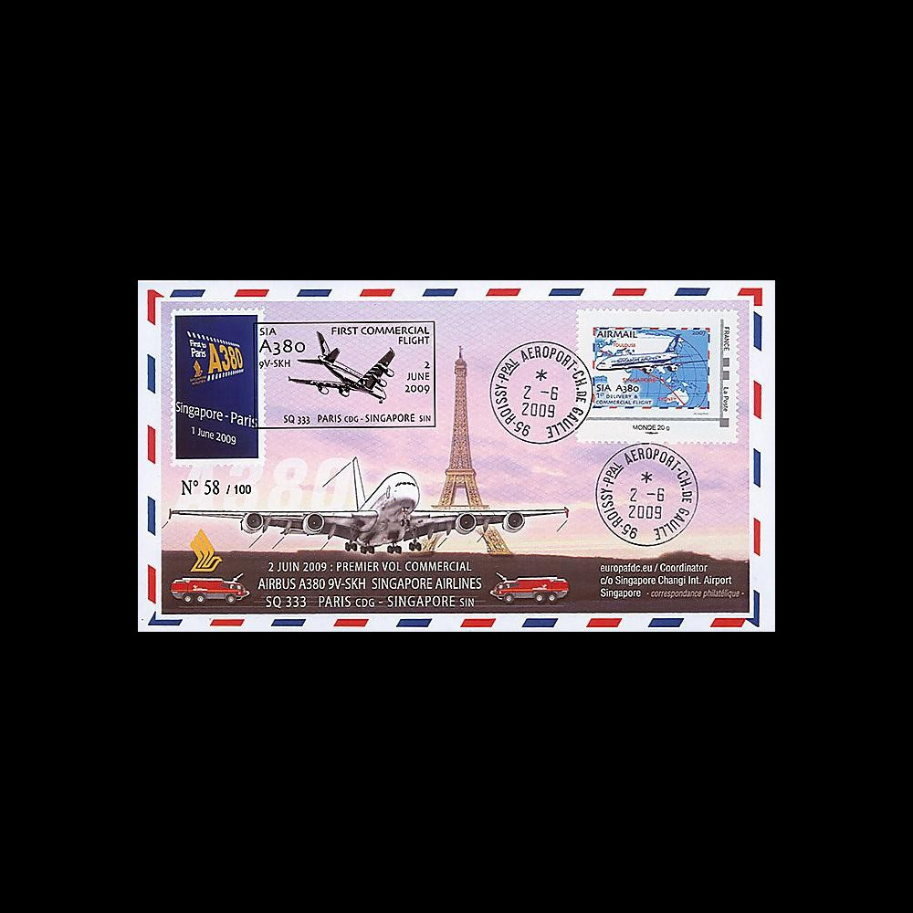 A380-80 : 2009 - FDC 'A380 1er vol commercial Paris-Singapore' Monde 20g