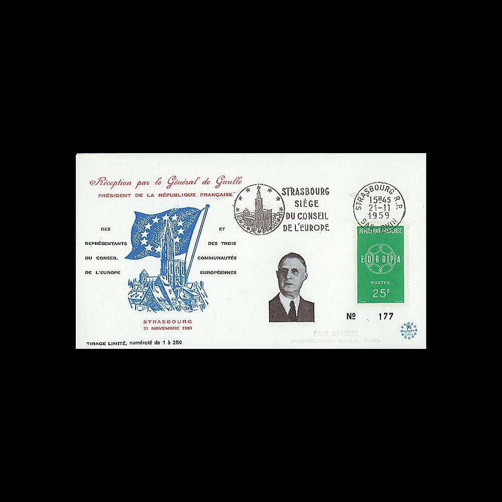 DG59-ST1 : 1959 - FDC 'Visite du Pdt de Gaulle au Conseil de l'Europe' DG59-ST1 : 1959 - FDC 'Visite du Pdt de Gaulle au Conseil de l'Europe'