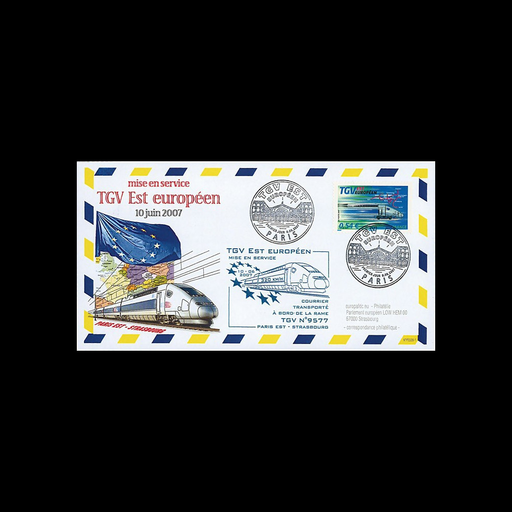 PE539-1 : 2007 - FDC à bord "Mise en Service TGV EST Européen Paris Est-Strasbourg"