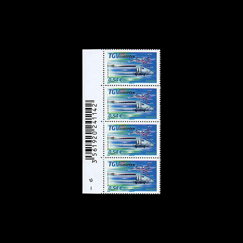 PE539-VCB : 2007 - Bloc de 4 TP 'TGV Est' normal + variété décalage couleurs PE539-VCB : 2007 - Bloc de 4 TP 'TGV Est' normal + variété décalage couleurs