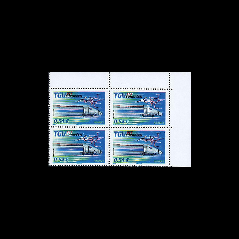 PE539-VB4 : 2007 - Bloc de 4 TP 'TGV Est' normal + variété décalage couleurs