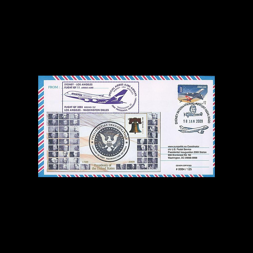 A380-75T1 : 2009 - Pli 'Vol A380 Qantas-Los Angeles - Investiture Obama'