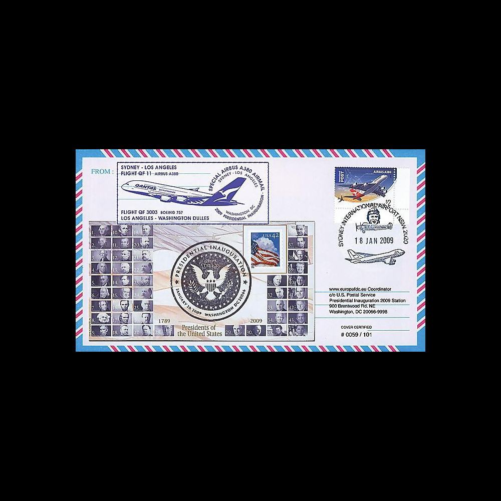 A380-75T2 : 2009 - Pli 'Vol A380 Qantas-Los Angeles - Investiture Obama'