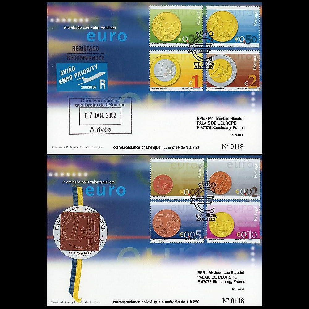 PE445-9 : 2002 - 2FDC 1er Jour TP 'Introduction de l'Euro' - Portugal