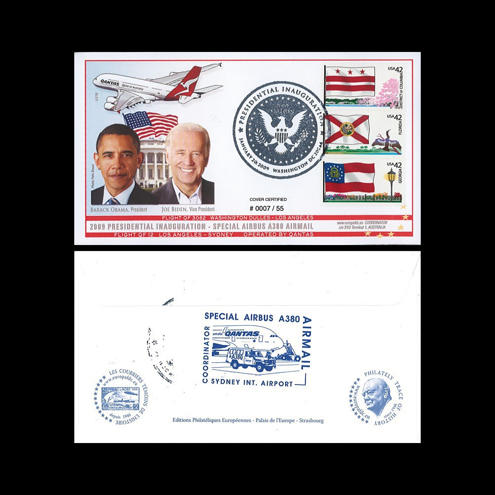 A380-76T4 Pli USA 'Vol QANTAS Washington-LA-Sydney / Investiture Obama & Biden' 2009