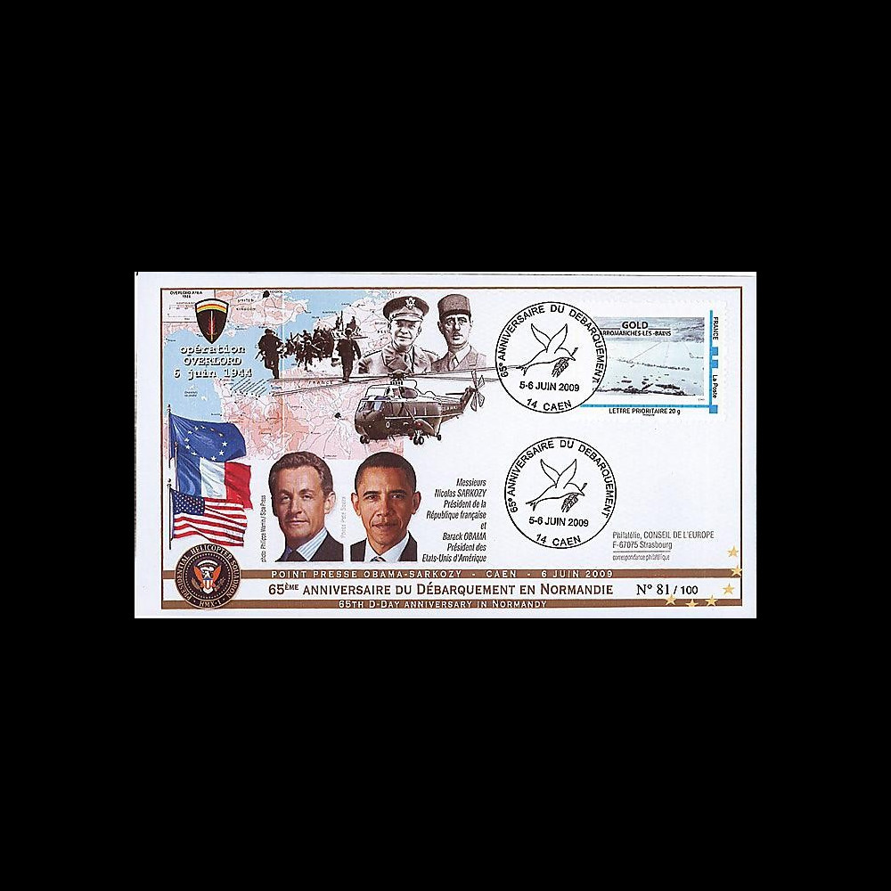 DEB09-3A : 2009 - FDC '65 ans D-Day - Obama & Sarkozy' TPP Gold DEB09-3A : 2009 - FDC '65 ans D-Day - Obama & Sarkozy' TPP Gold