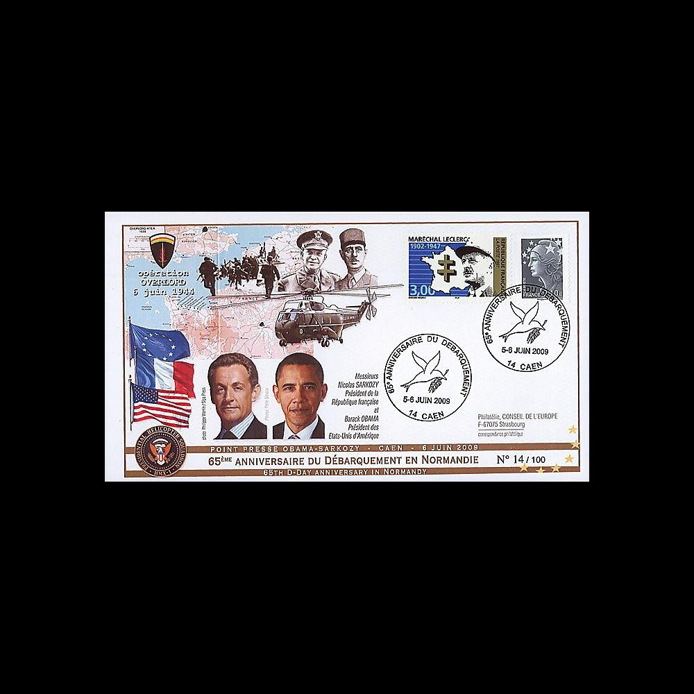 DEB09-3B : 2009 - FDC '65 ans D-Day - Obama et Sarkozy' TP Leclerc