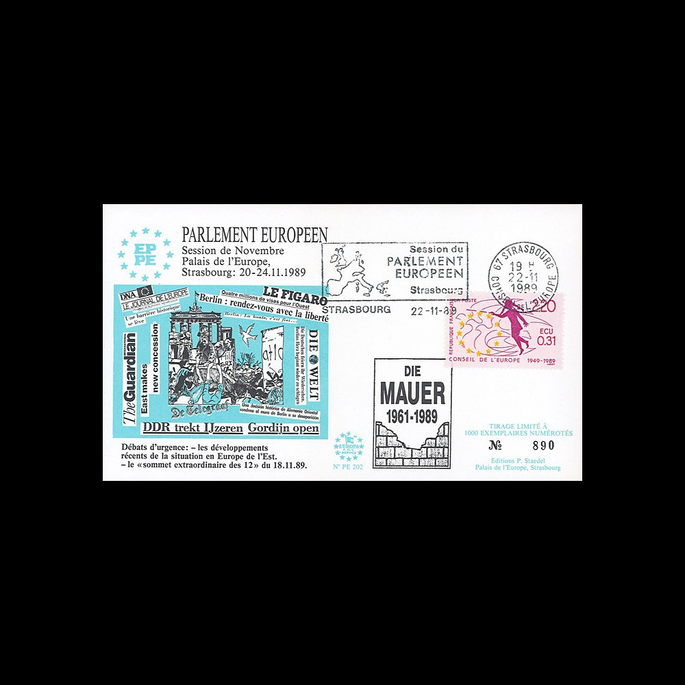 PE202 : 11-1989 - FDC Parlement européen "Chute du Mur de Berlin / Die Berliner MAUER" PE202 : 11-1989 - FDC Parlement européen "Chute du Mur de Berlin / Die Berliner MAUER"