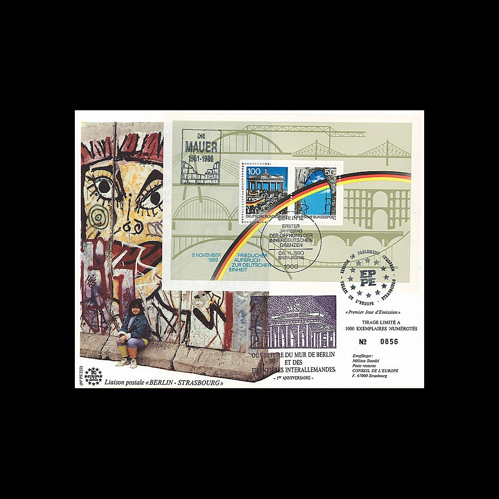 PE222 : 1990 - Maxi FDC ALLEMAGNE "1 an Ouverture du MUR DE BERLIN - Die Berliner MAUER" PE222 : 1990 - Maxi FDC ALLEMAGNE "1 an Ouverture du MUR DE BERLIN - Die Berliner MAUER"