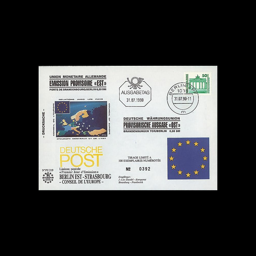 PE219 : 1990 - FDC 1er Jour '1er TP Est-allemand en Nouveau Mark'