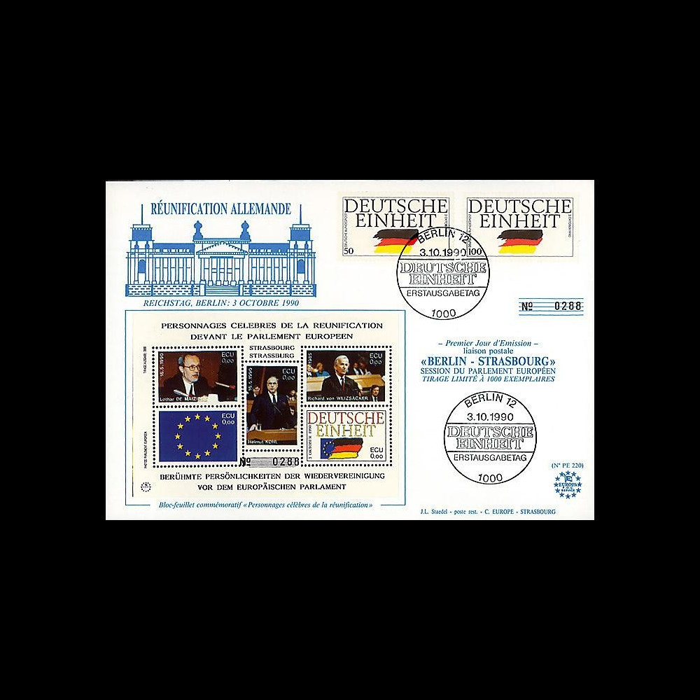 PE220 : 1990 : FDC 1er Jour TP 'Unité allde' - 'Réunification allde'