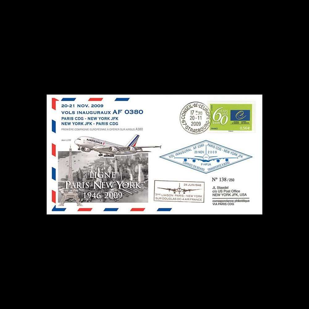 A380-87T1 : 2009 - Pli voyagé à bord 'Vol inaugural A380 Air France Paris-NY'