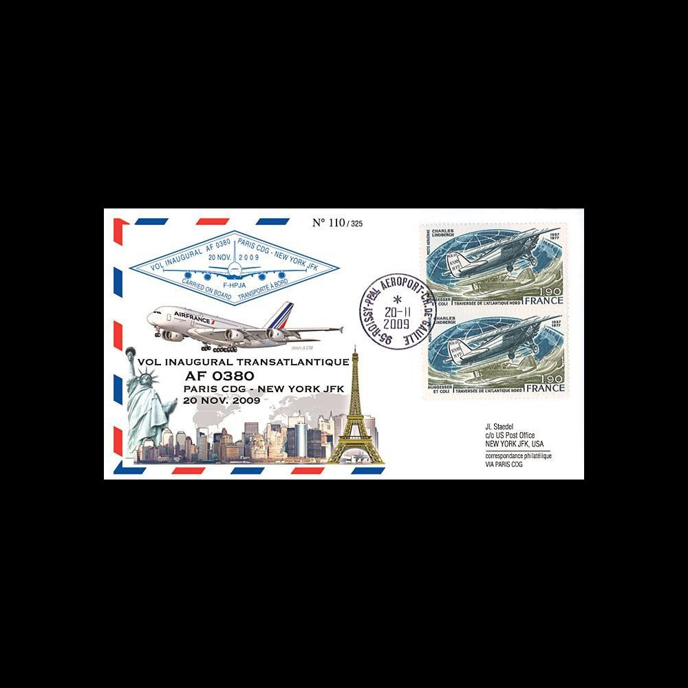 A380-87T2 : 2009 - Pli voyagé à bord 'Vol inaugural A380 Air France Paris-NY'