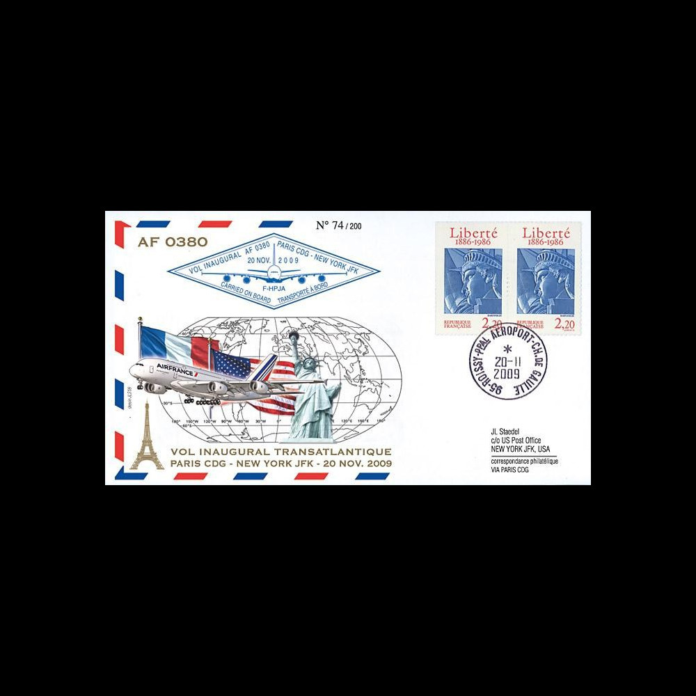 A380-87T3 : 2009 - Pli voyagé à bord 'Vol inaugural A380 Air France Paris-NY'