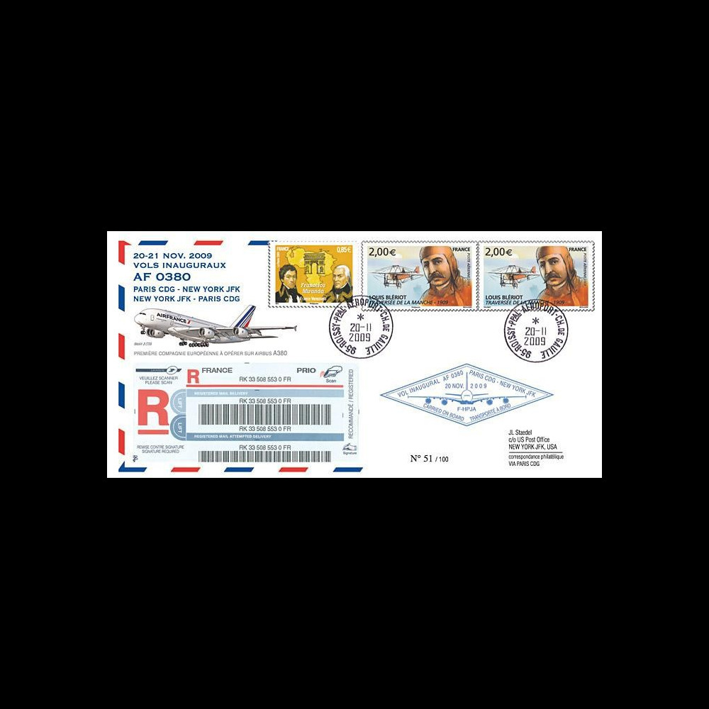A380-87R : 2009 - Pli RECO voyagé à bord 'Vol inaugural A380 AF Paris-NY'