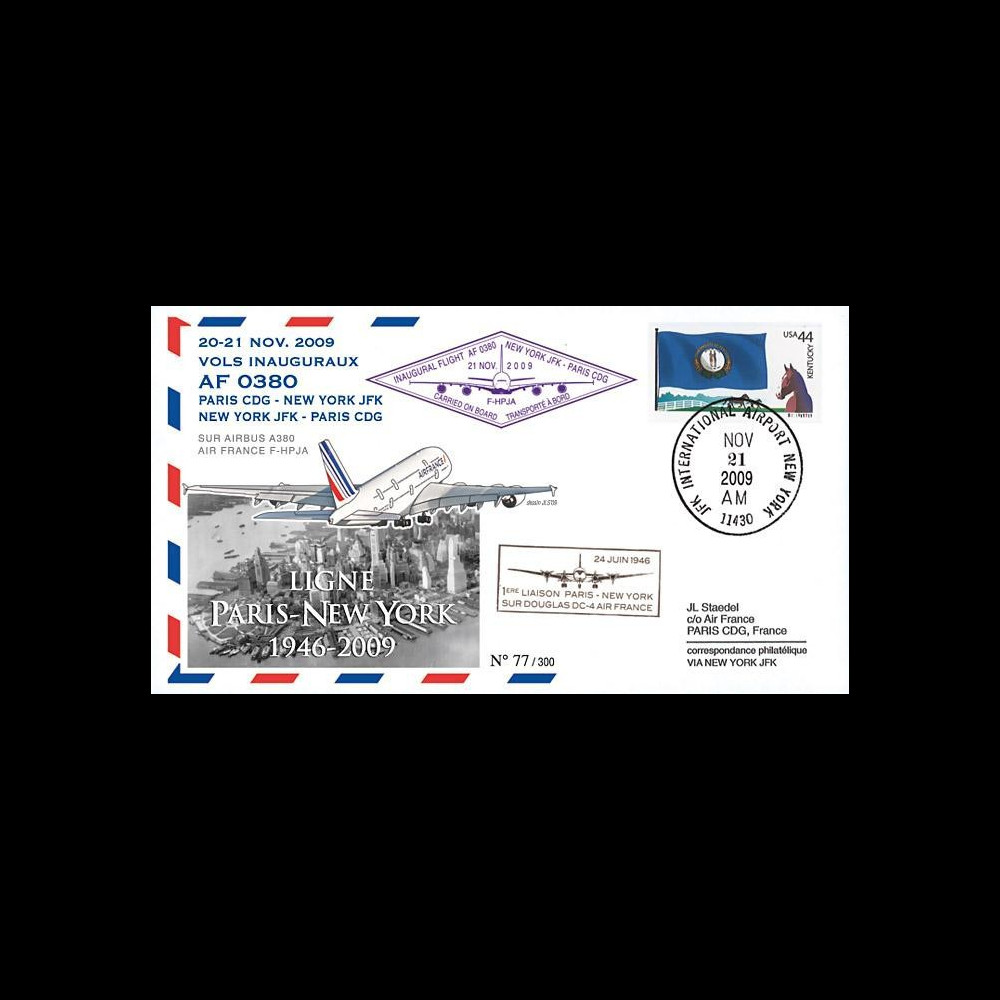 A380-88T1 : 2009 - Pli voyagé à bord 'Vol inaugural A380 Air France NY-Paris'