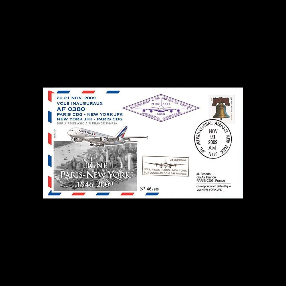 A380-88T2 : 2009 - Pli voyagé à bord 'Vol inaugural A380 Air France NY-Paris'
