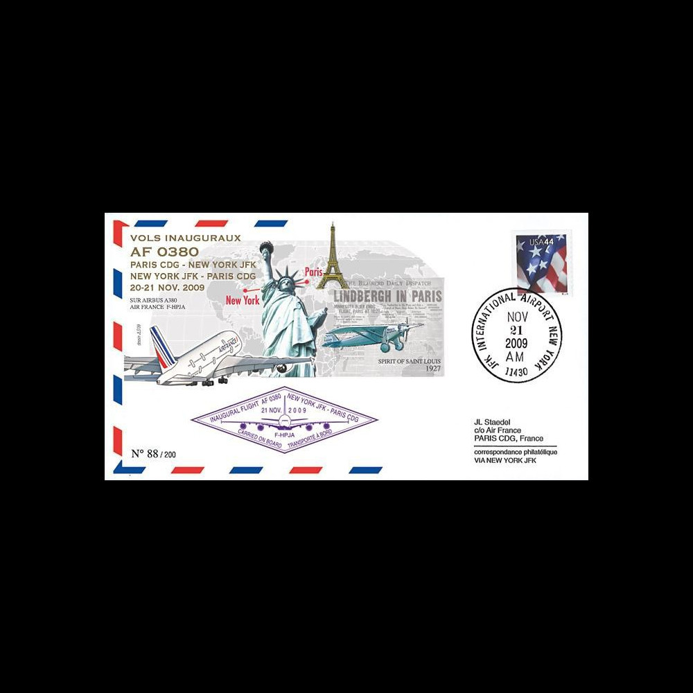 A380-88T3 : 2009 - Pli voyagé à bord 'Vol inaugural A380 Air France NY-Paris'