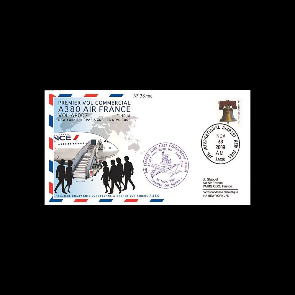 A380-91T2 : 2009 - Pli '1er vol commercial NY-Paris du 1er A380 Air France'