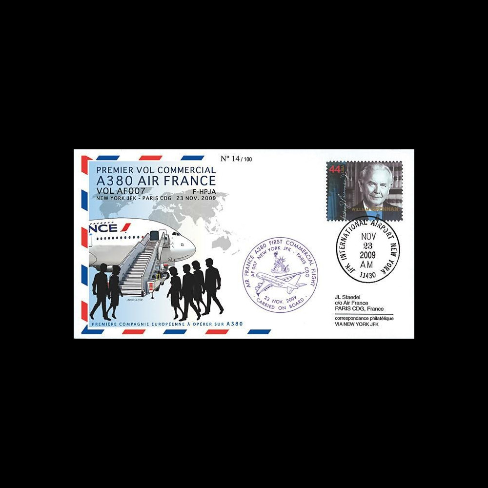A380-91T3 : 2009 - Pli '1er vol commercial NY-Paris du 1er A380 Air France'
