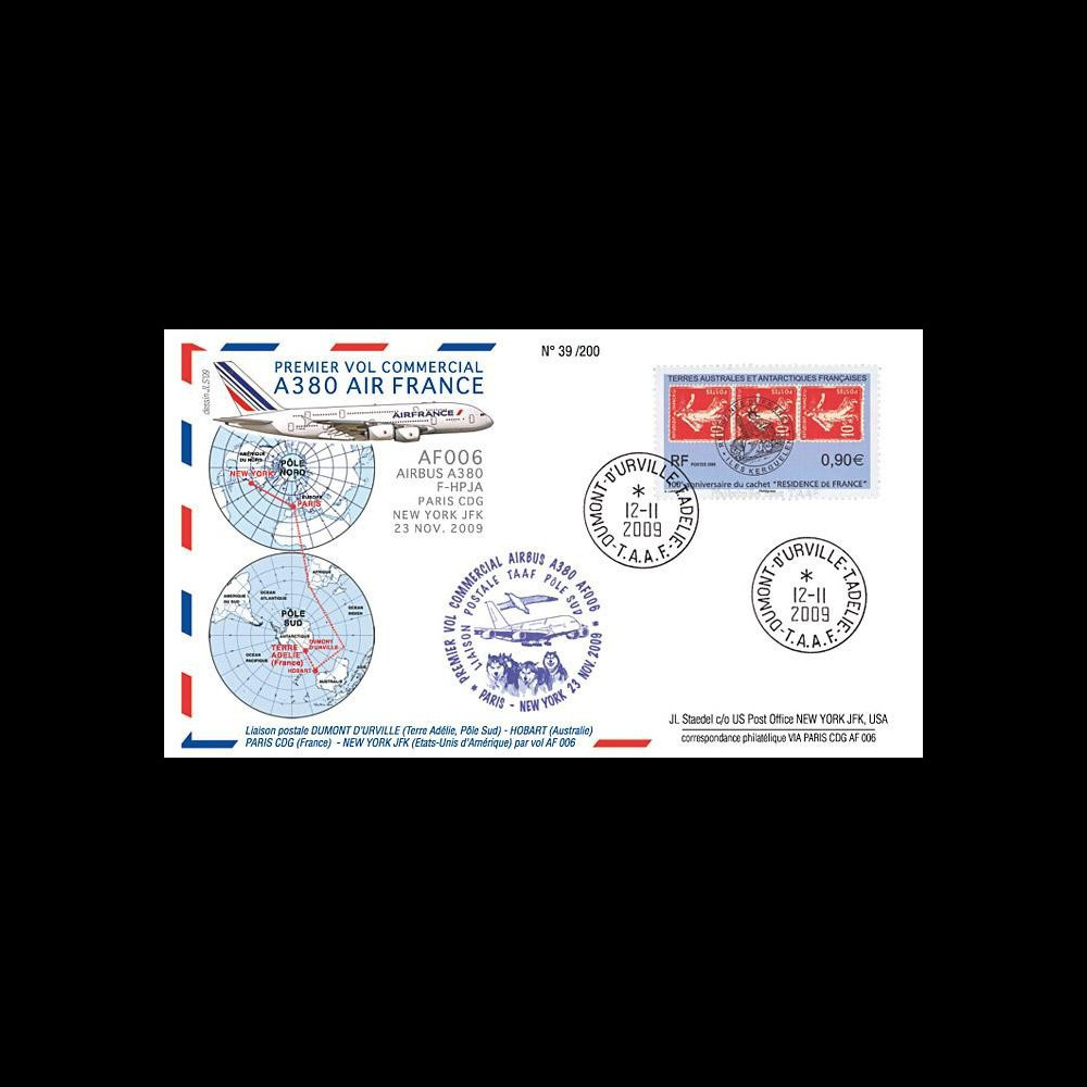 A380-90T1 : 2009 - Pli TAAF '1er vol commercial Paris-NY A380 Air France'