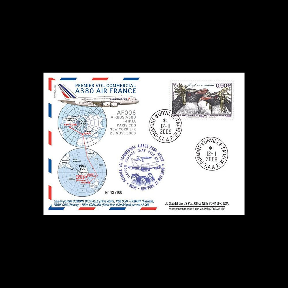 A380-90T6 : 2009 - Pli TAAF '1er vol commercial Paris-NY A380 Air France'