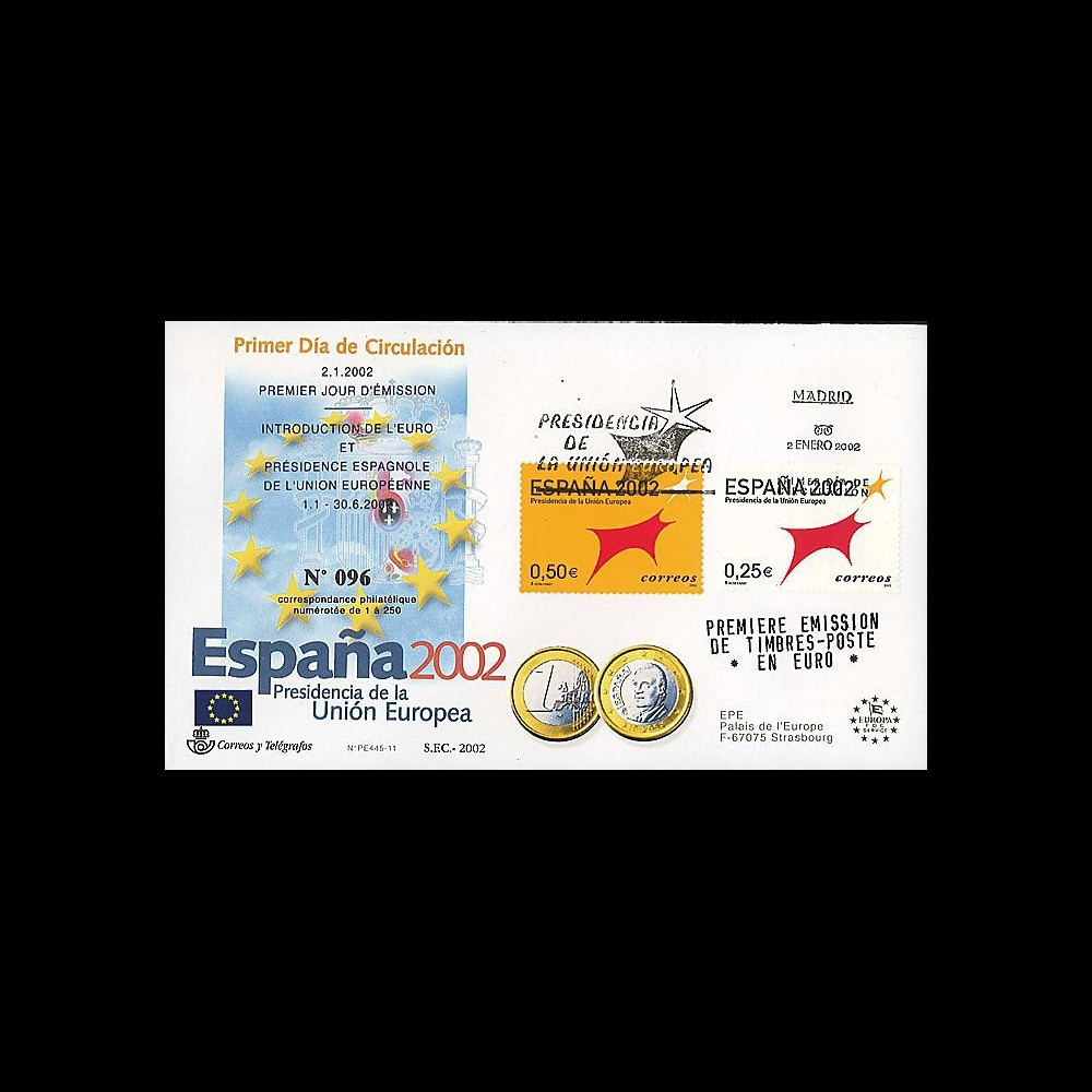 PE445-11 : 2002 - FDC 1er Jour TP 'Introduction de l'Euro' - Espagne