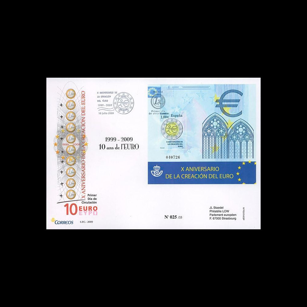 PE570-ESP : 2009 - FDC Espagne '1er Jour Bloc 10 ans de l'Euro'