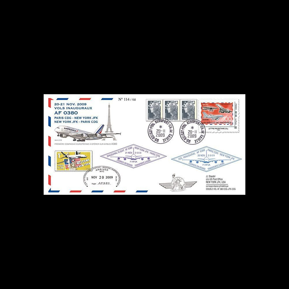 A380-87T5 : 2009 - Pli voyagé double-vol 'Vol inaugural A380 AF Paris-NY-Paris'