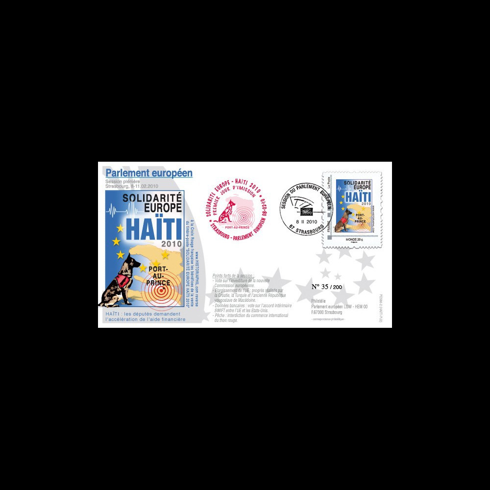 PE586-PJ2 : 2010 - FDC Session PE '1er Jour TPP Solidarité HAITI' - Monde 20g PE586-PJ2 : 2010 - FDC Session PE '1er Jour TPP Solidarité HAITI' - Monde 20g