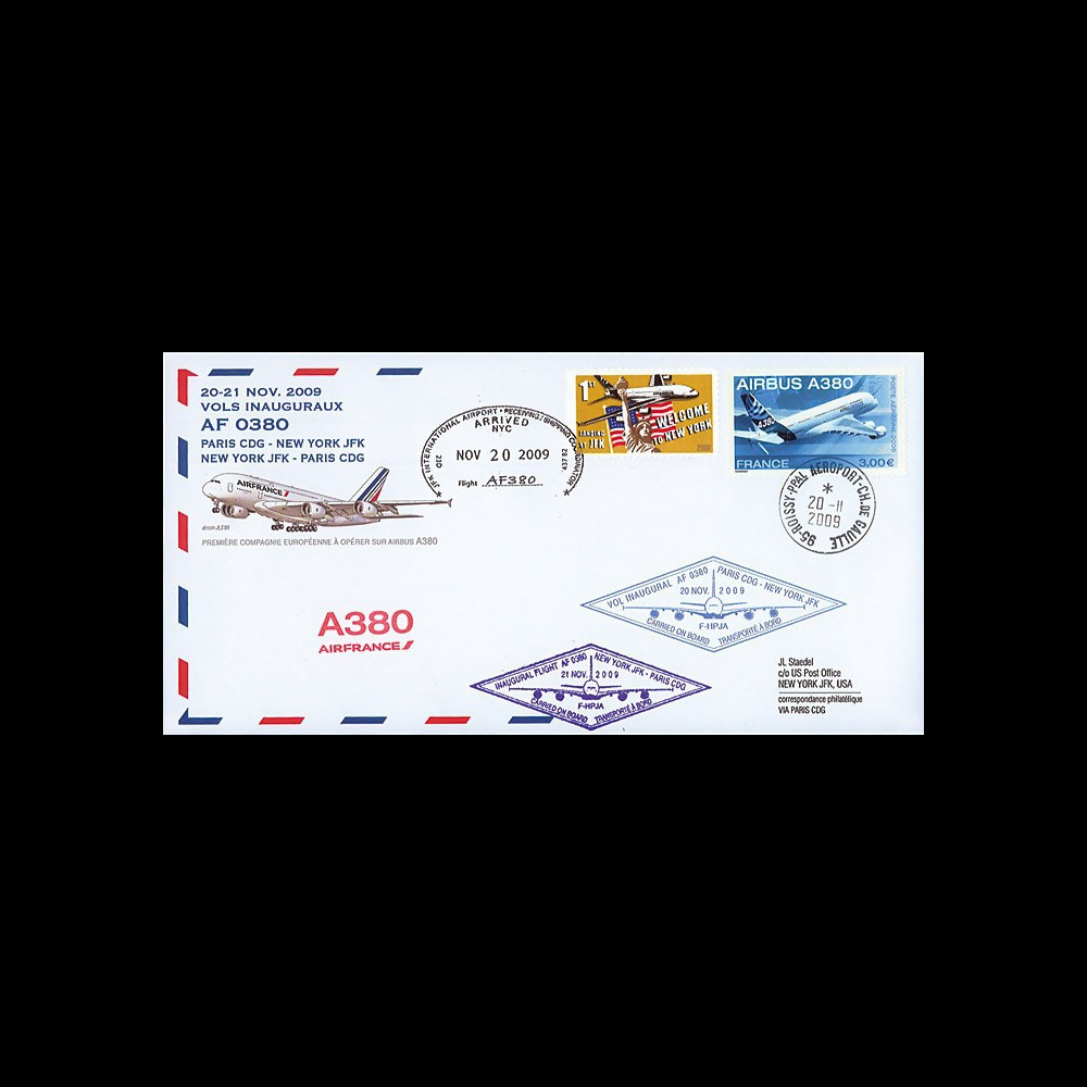 A380-87T7 : 2009 - Pli voyagé double-vol 'Vol inaugural A380 AF Paris-NY-Paris'