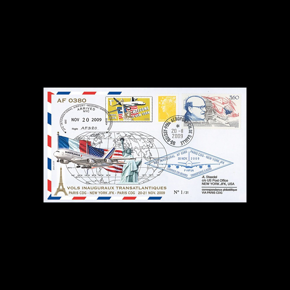 A380-87T8 : 2009 - Pli voyagé double-vol 'Vols inauguraux A380 AF Paris-NY-Paris'
