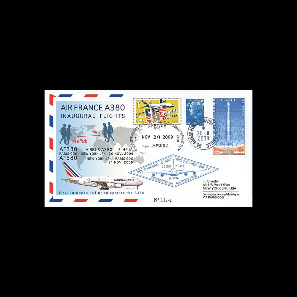 A380-87T9 : 2009 - Pli voyagé double-vol 'Vols inauguraux A380 AF Paris-NY-Paris'