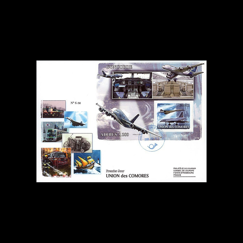 A380-94 : 2008 - FDC Union des Comores 1er Jour du bloc "Airbus A380 et Concorde F-BTSD"