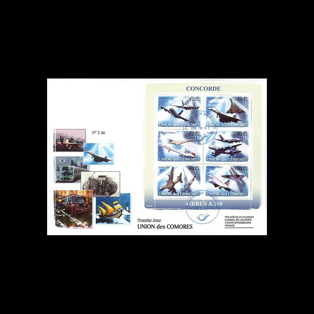 A380-95 : 2008 - FDC Union des Comores 1er Jour du bloc "Airbus A380