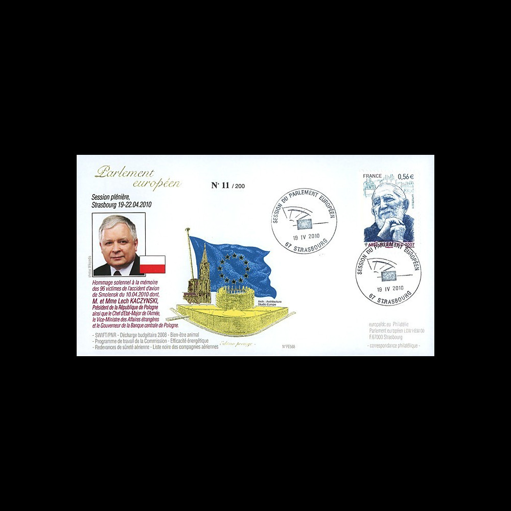 PE588 : 2010 - FDC Session PE 'Hommage au Président polonais M. Kacynski décédé en avion PE588 : 2010 - FDC Session PE 'Hommage au Président polonais M. Kacynski décédé en avion