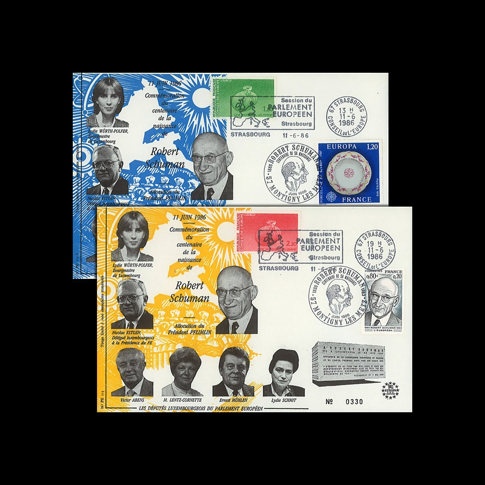 PE115+A : 1986 - 2 FDC Parlement européen 'Centenaire de la naissance de Schuman'